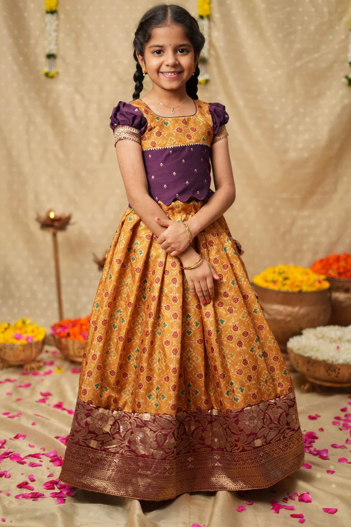 Agalvili Wine & Yellow Lehengas Mini (Set of 2)